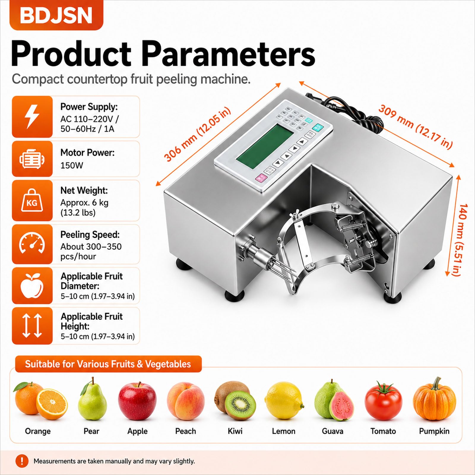150w Automatische Obstschälmaschine, Elektrischer Gewerblicher Obstschäler Mit Digitaler Steuerung, Einstellbarer Schäldicke, 304 Edelstahl, Für Früchte Von 5–10 Cm, 110–220v