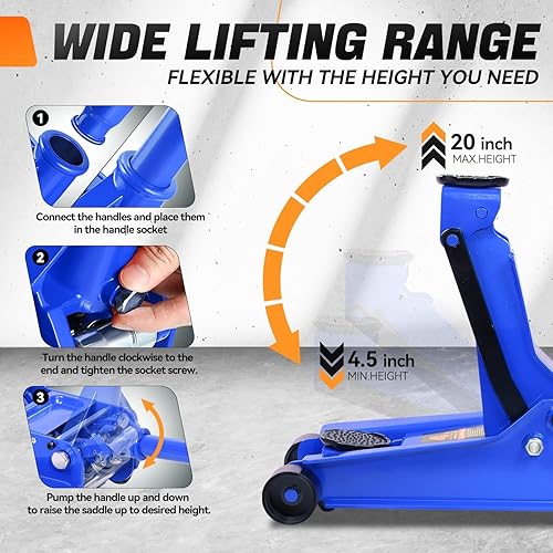 Miniatura 4 de Auto Dynasty Gato de piso de perfil bajo de 4 toneladas, gato hidráulico de acero resistente para automóvil con bomba de elevación rápida de