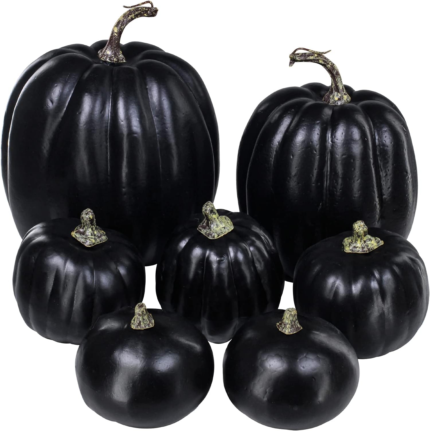 Winlyn 7 Pcs Assorted Artificial Black Pumpkins Halloween Faux Rustic Decorative Foam Pumpkins for Fall Halloween Thanksgiving Tabletop Centerpiece Mantel Kitchen Decor