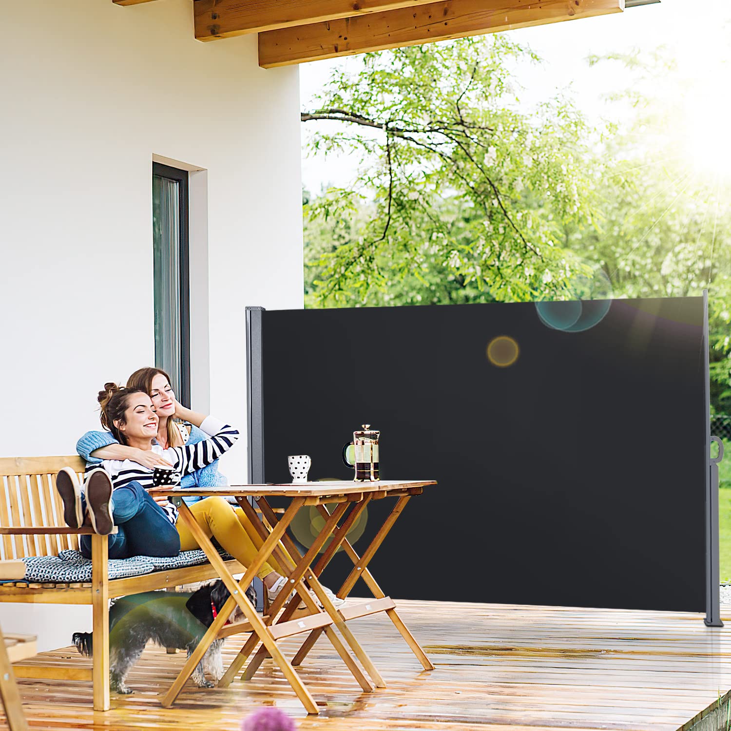 Herrselsam Seitenmarkise Ausziehbar, 160x300cm Sichtschutz Markise Blickdicht Windschutz Sonnenschutz für Balkon Terrasse Garten, mit Bodenhalterung einziehbarer und Zubehörpaket, Anthrazit