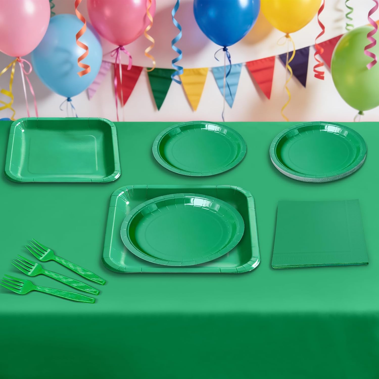 YY Serve 50 Party Paper Plates Set Green Disposable Dinnerware Solid Color Dinner Plates Napkins with Forks, Table Covers