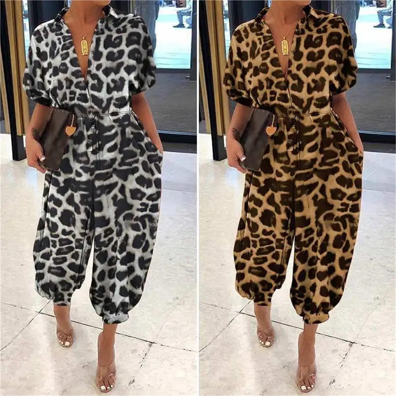 Jumpsuit Donna Tuta da donna con scollo a V, bottoni, lacci, manica corta, ampia, stampata, tascabile