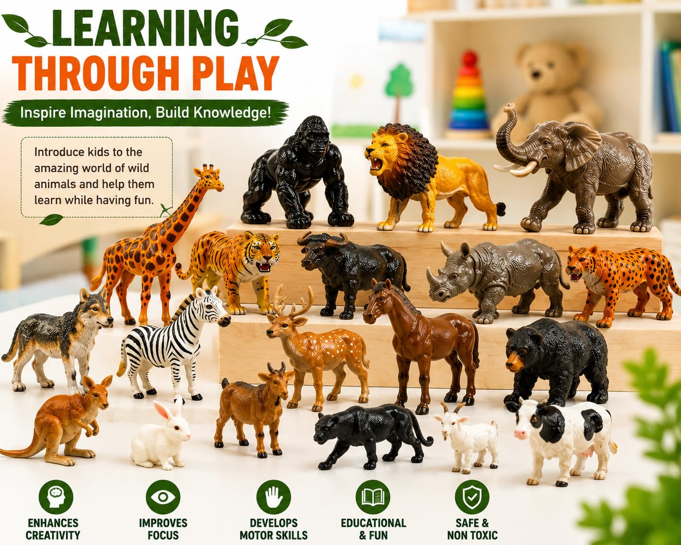 Wild & Farm Animal Figures Set for Kids - 24 Toys -7