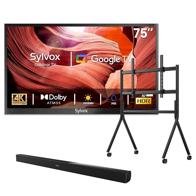 SYLVOX Outdoor TV with Rolling Stand Soundbar 75 inch 2000 Nit Full Sun Smart TVs Sunlight Readable IP55