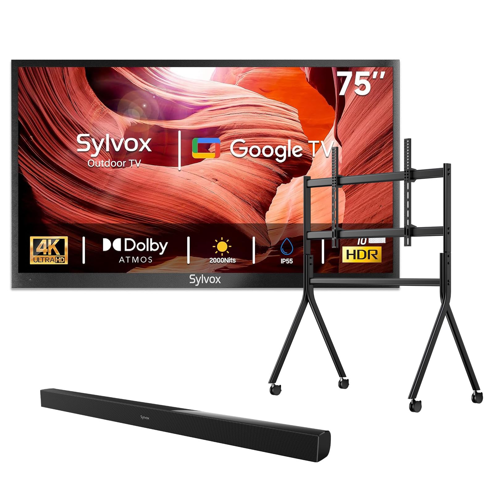 SYLVOX Outdoor TV with Rolling Stand Soundbar 75 inch 2000 Nit Full Sun Smart TVs Sunlight Readable IP55