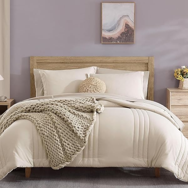 Monbix Queen Comforter Set - 7 Pieces Beige Bed in a Bag Queen Bedding Sets with Comforters, All Seasons Comforter Bed Set with Sheets,Pillowcases & Shams