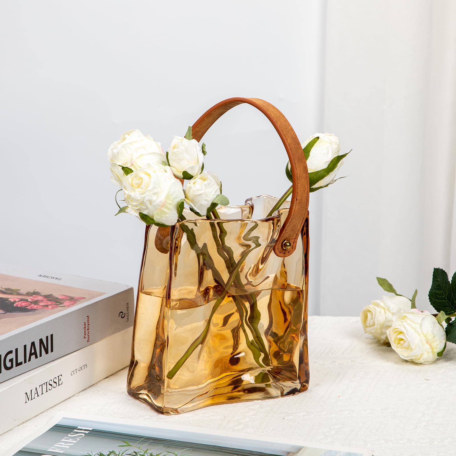 Hollyone 17cm Thickened Glass Vase for Flowers Amber Flower Vase for Room Decor Aesthetic Unique Vases with Handle for Wedding Living Room - Image 3