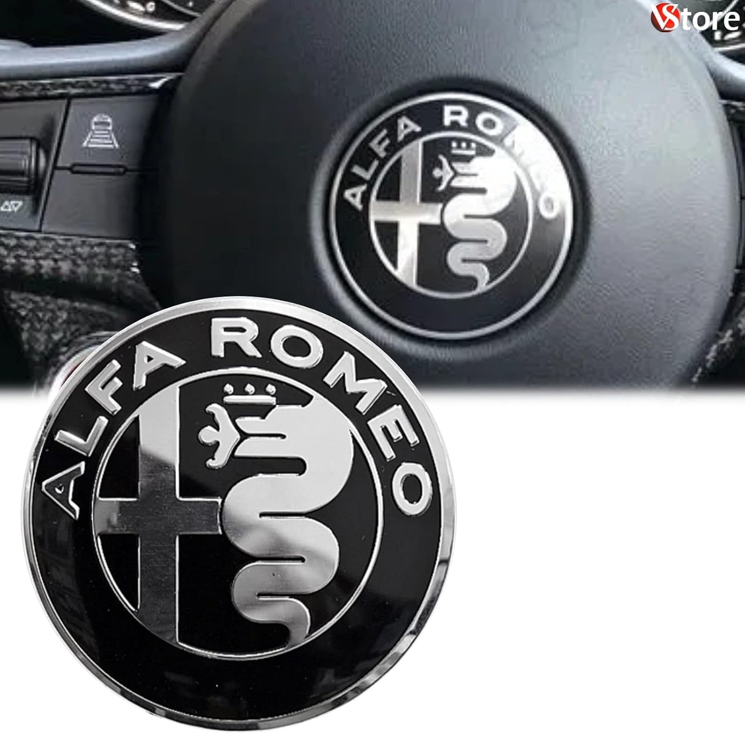 Logo per Volante Sterzo FREGIO Stemma Compatibile con Alfa Romeo Nero Black Specchio Logo 40mm Giulietta, Mito, 147, 159, 156, 4c, Brera