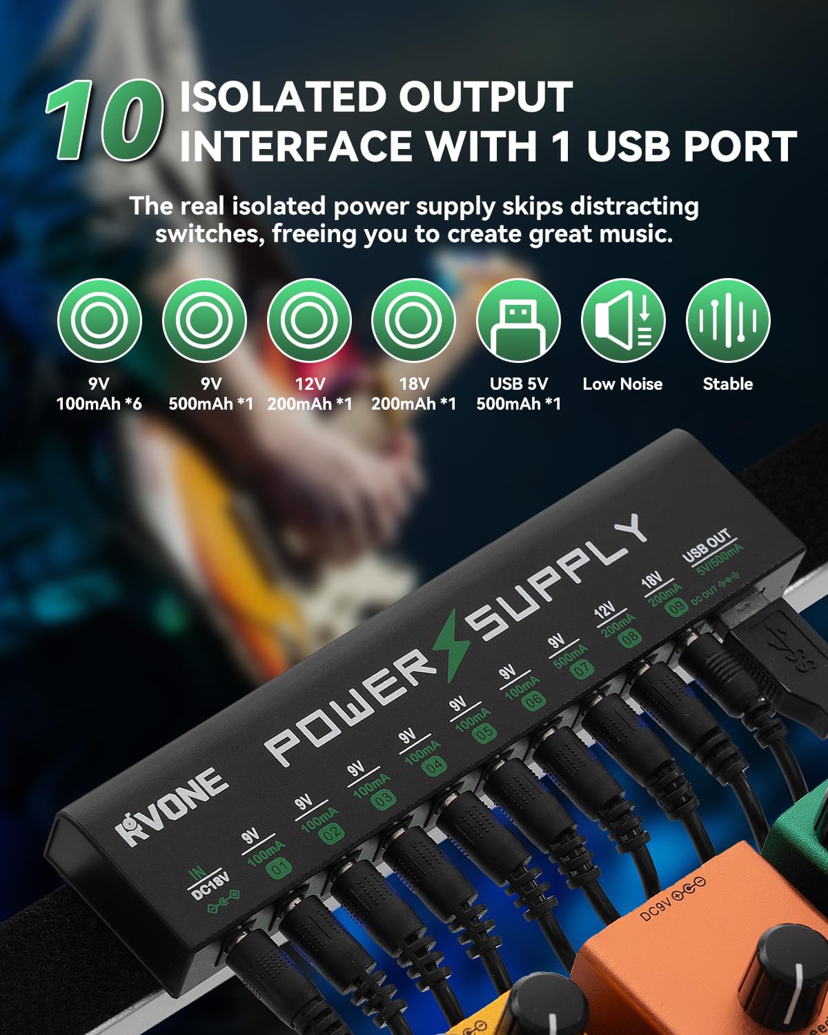 RVONE Guitar Pedal Power Supply, 10 Isolated DC Output for 9V/12V/18V Effect Pedal, Circuit Protection, Noise Reduction, 100mA 500mA USB Pedalboard Power Supply