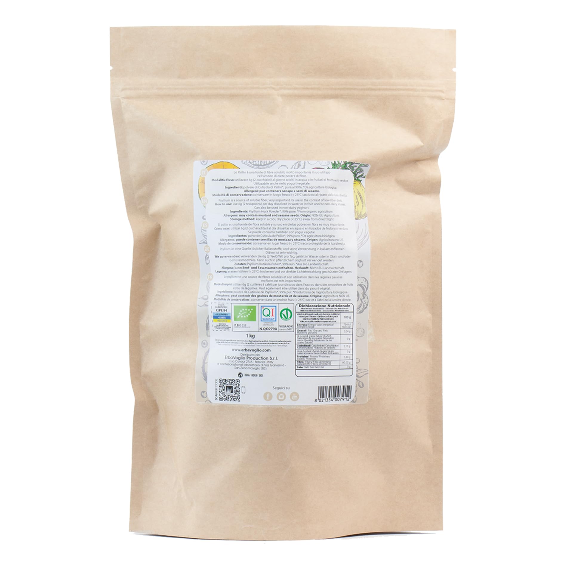 Erbavoglio Polvere di Cuticola (Buccia) di Psillio Bio, pura al 99% - 1 kg - Per il regolare funzionamento dell’Intestino.