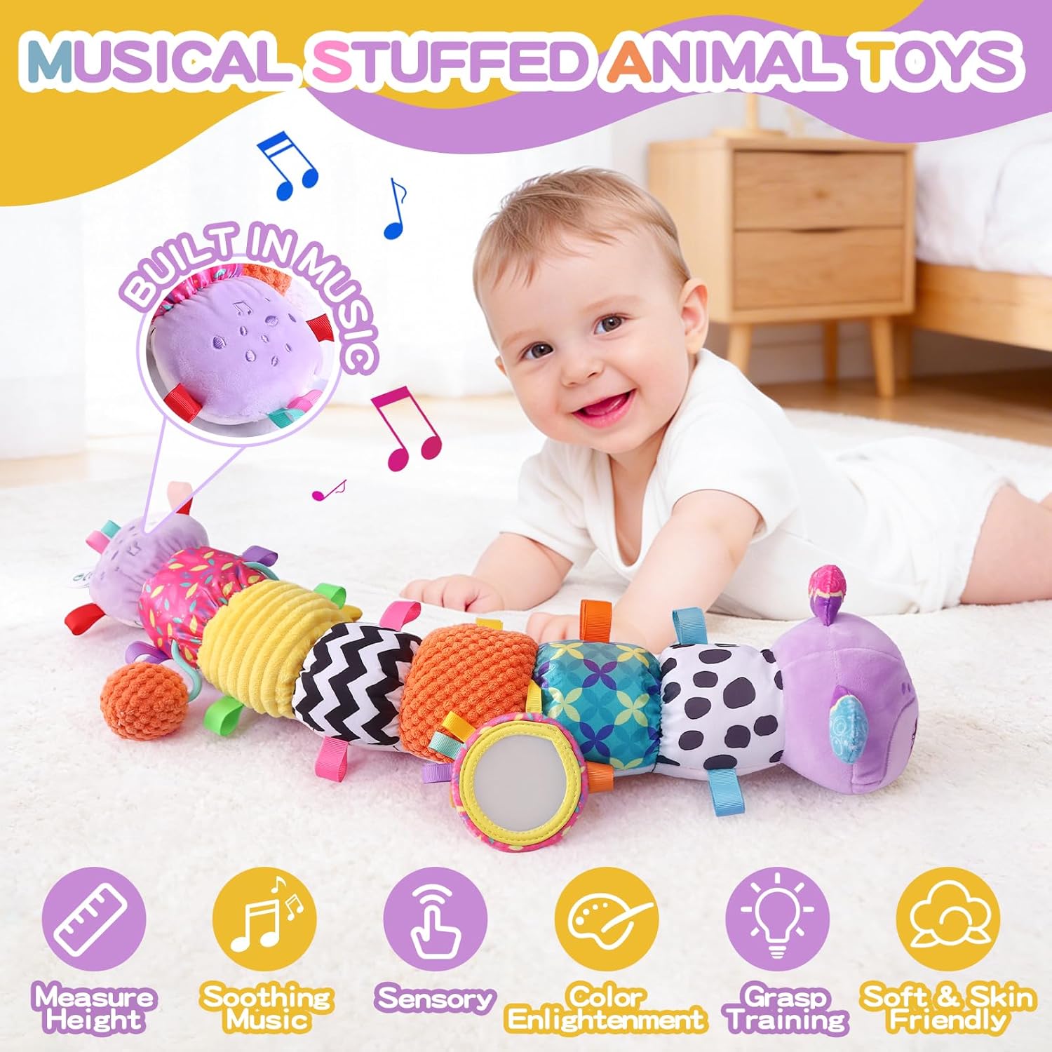 Baby Toys 0-6 Months, Musical Toys for Purple Caterpillar, Infant Stuffed Animal Soft Sensory Toys with Crinkle、 Rattles and Textures, Tummy Time Toys for Newborn Boys Girls 0 3 6 12 Months