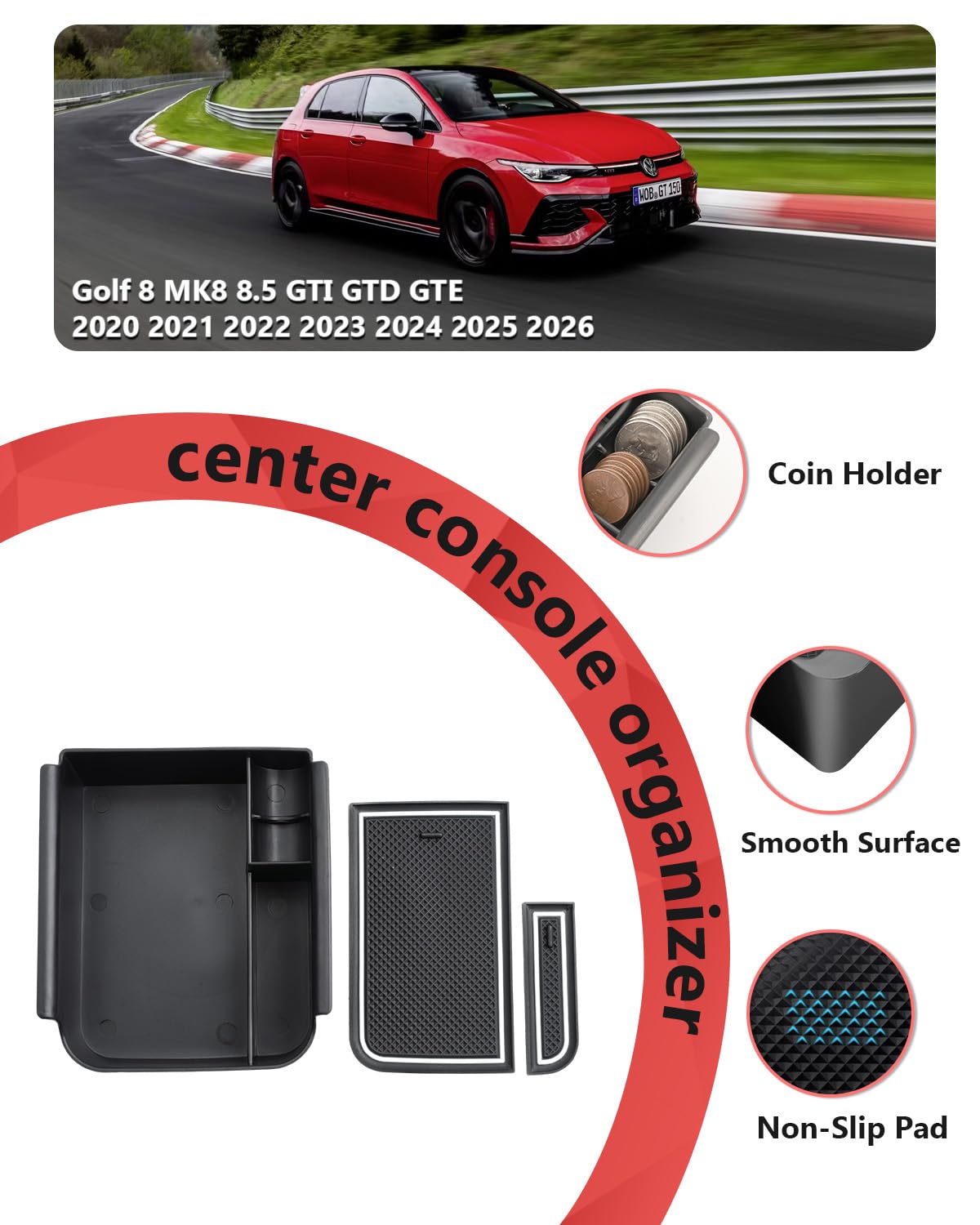 Pudełko do przechowywania w konsoli środkowej do Golf 8, MK8, 8.5, GTI, GTD, GTE 2020, 2021, 2022, 2023, 2024, 2025, 2026, półka w podłokietniku, z antypoślizgową wyściółką podłogową, różne