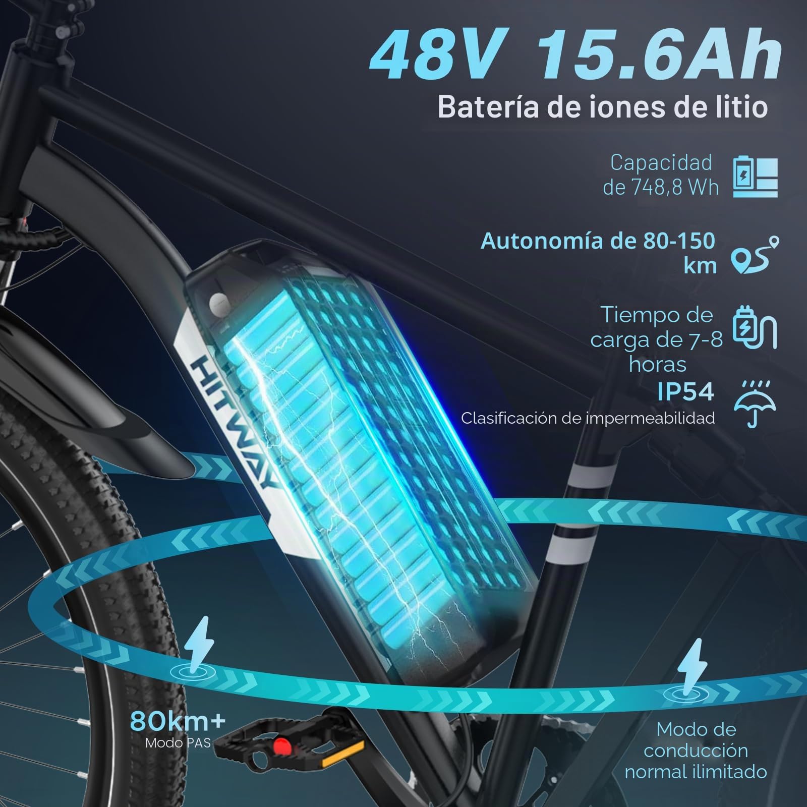 HITWAY Bicicleta electrica,Bicicleta de montaña eléctrica,Bicicleta electrica de 29 Pulgadas,Batería extraíble de 48V 15,6Ah,transmisión - 7 velocidades,Rango de Crucero 80-150km, App, NFC