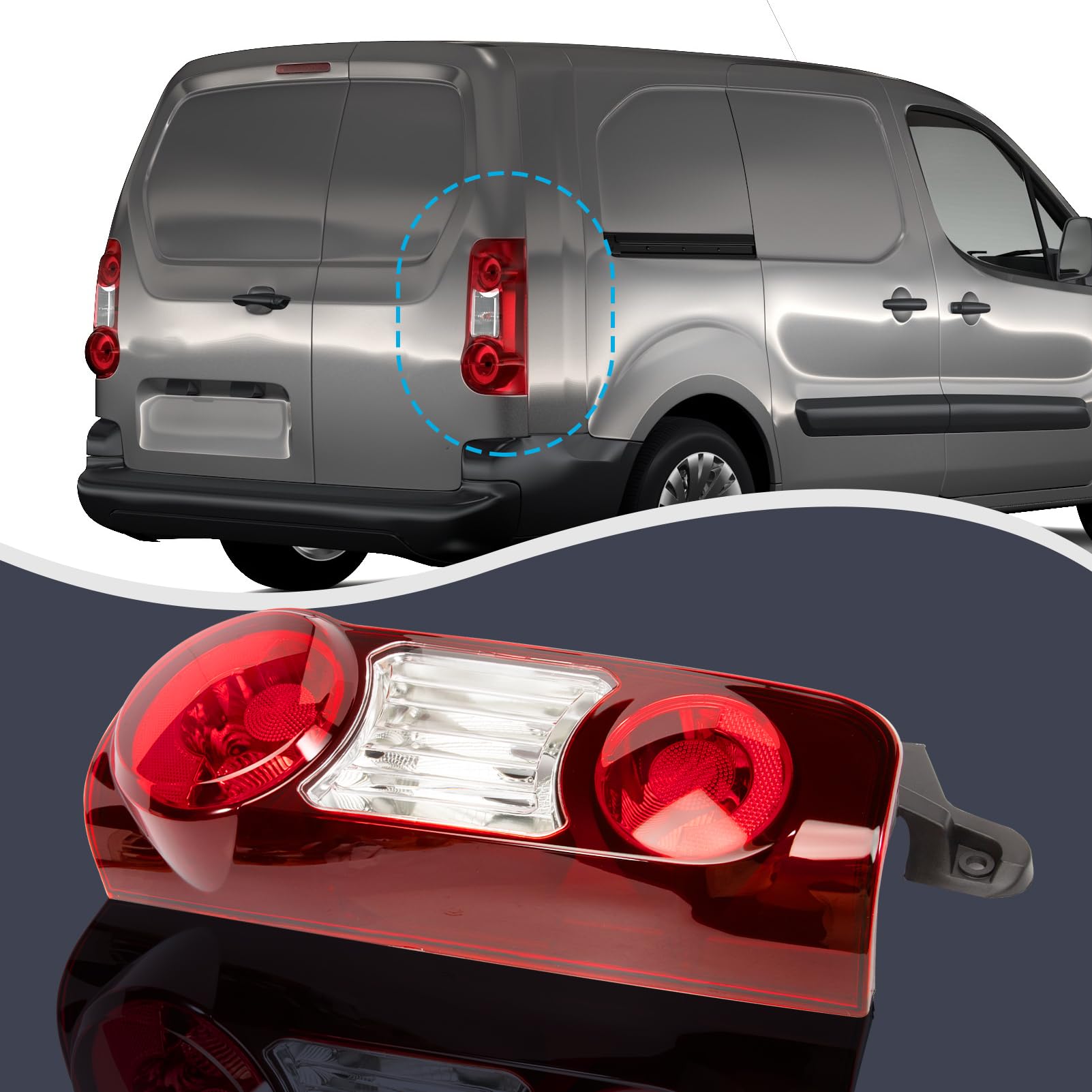 Piloto Trasero Derecha para Partner Citroën Berlingo Mk2 Van 2012-2019 | Faro Trasero con luz de posición, luz de freno, intermitente y luz de marcha atrás 9677205480 Lado Pasajero Luz trasera