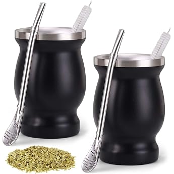 2 St ck Mate Becher Mate Tee Becher Set mit L ffel und Reinigungsb rste Doppelwandiger Edelstahl becher f r Kaffee Milch und Saft schwarz