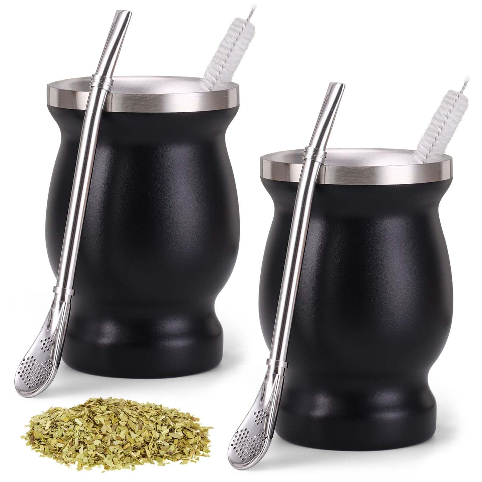 2 tazze Mate in acciaio inox, a doppia parete, set da tè Yerba Mate con cucchiaino e spazzola per la pulizia, isolamento termico per tè, caffè, latte e succo (nero)