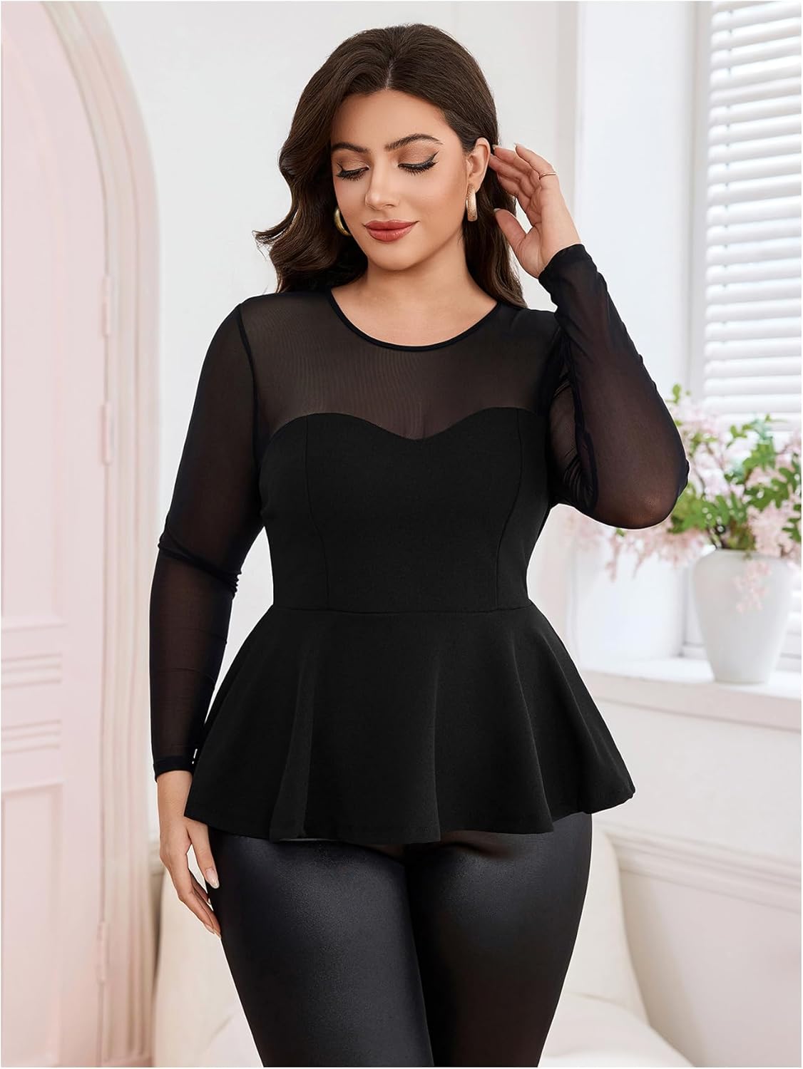 MakeMeChic Women's Plus Size Cocktail Tops Mesh Sheer Peplum Ruffle Hem Leopard Long Sleeve Slim Fitted Elegant Tee Shirt - Image 3