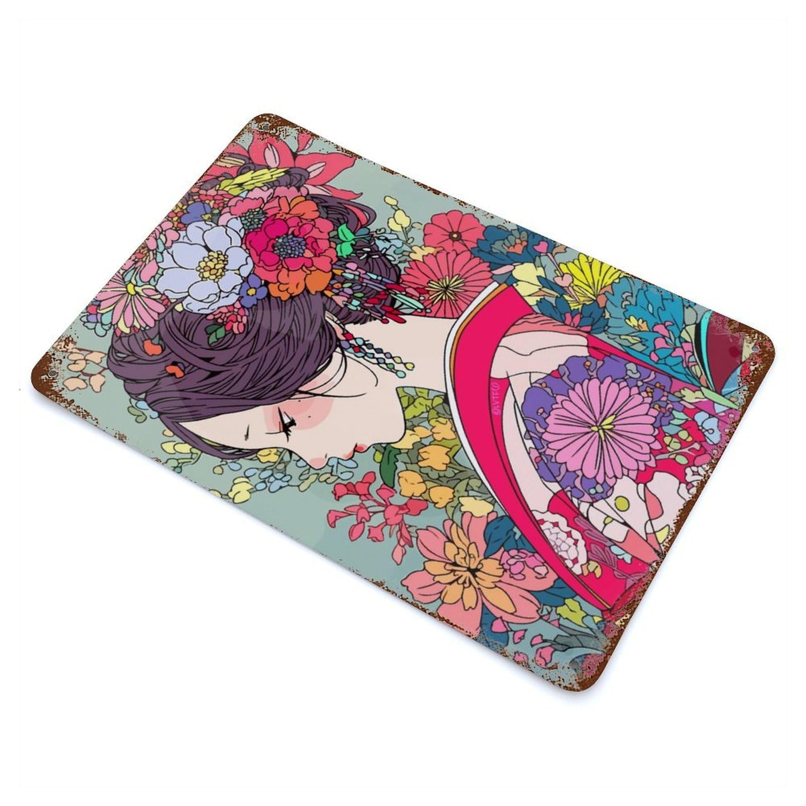 Vintage Rust Metal Sign with Pastel Kimono Girl Japan Design 11.8"x7.9", for Shed, Workshop And Garage Wall Decor, Classic Wall Plaque