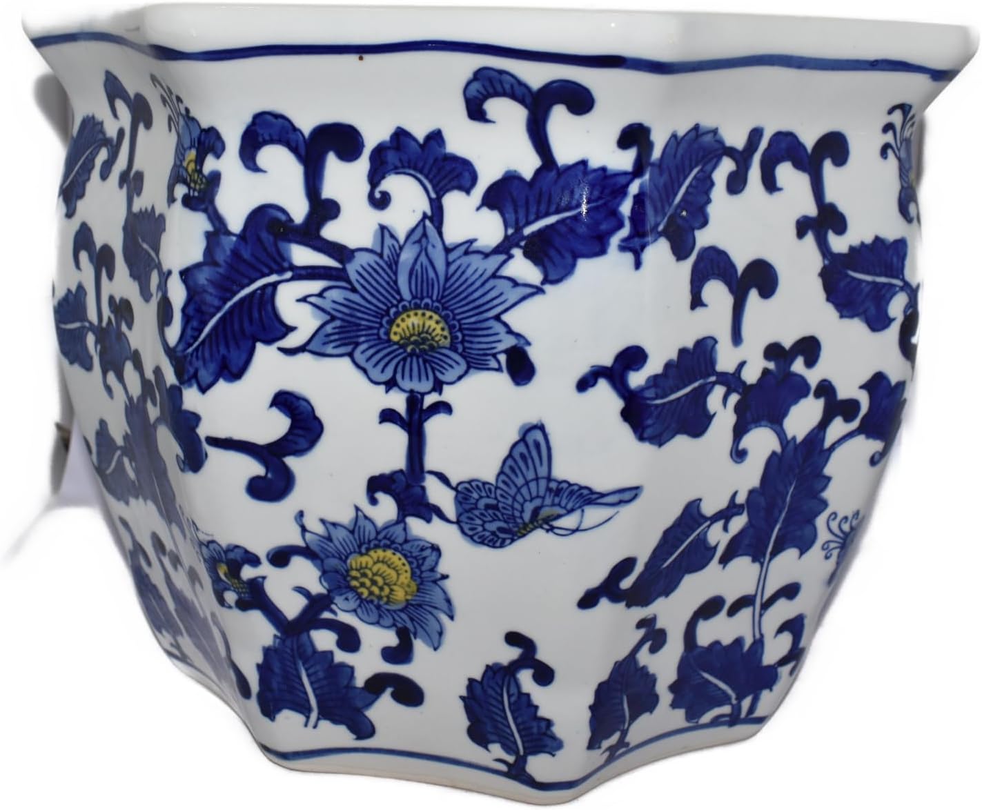 Generic 10"" Cobalt Blue & Yellow Sunflower & Ornate Vine Octagon Shape Oriental Style Planter Pot