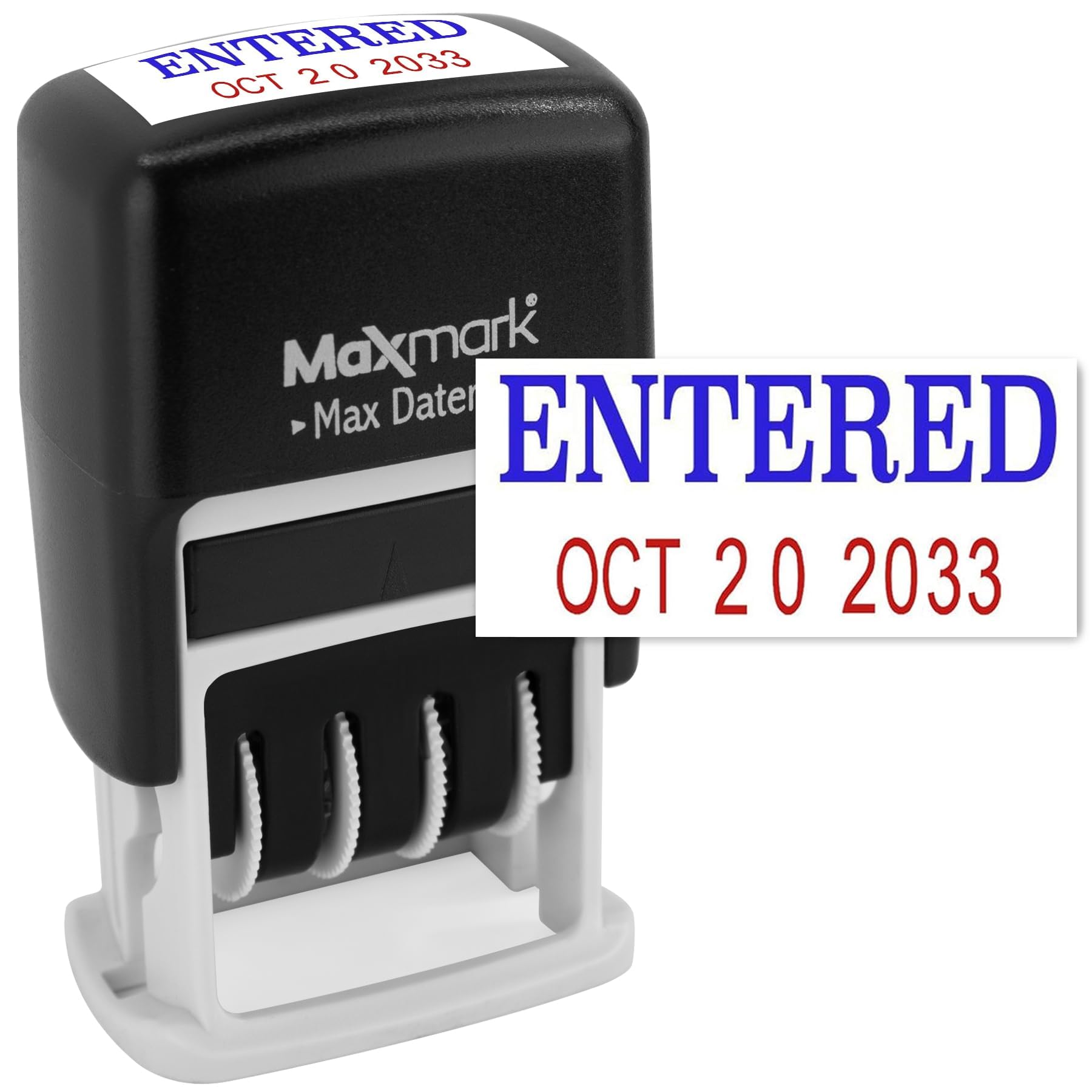 MaxMark Self-Inking Rubber Date Office Stamp with Entered Phrase Blue Ink & Date RED Ink (Max Dater II), 12-Year Band