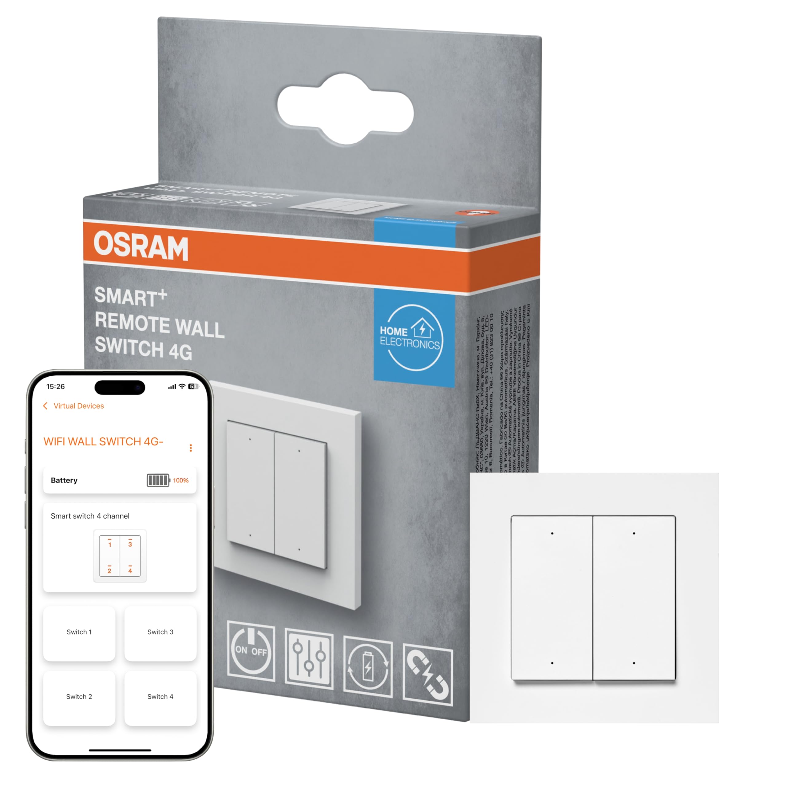 OSRAM Interruptor de pared SMART+ WiFi 4 botones magnético USB-C Interruptor de pared SMART+ WiFi, 4 botones, magnético, recargable por USB-C, duración de batería de 6 meses, compatible con Alexa | SMART+ WIFI Remote Wall Switch, Plugs, blanco, , Paquete