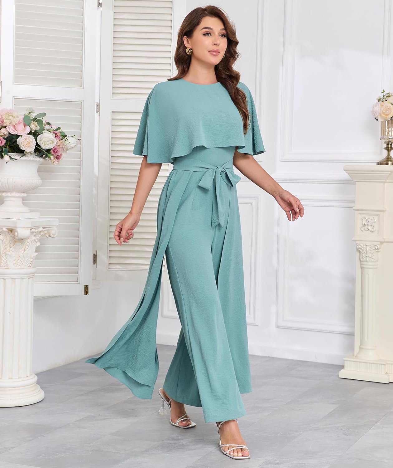 Jumpsuits for Women Dressy Casual One-Piece Outfits Elegant Formal Cape Belted Wide Leg Rompers Evening Pantsuits - Image 6