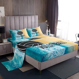 Castle Fairy Volleyball Sheet Set Full Size 3D Ocean Beach Bedding Set 4Pcs for Kids Girls Boys Teens Room Decor Modern Ball Sports Gaming Bed Sheet Romantic Blue Fitted + Flat Sheet,2 Pillowcases