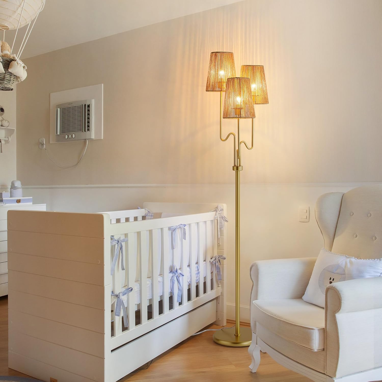 Boho Floor Lamp, 68in. Rattan floor lamp with Natural Woven Shade, Rustic Standing Lamp for Coastal, Beach or Bohemian Style Decor, E26 Socket, On/Off Footswitch Lamp for Living room, Bedroom (Gold)