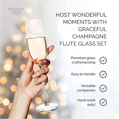 Miniatura 2 de American Atelier Juego de 2 flautas de champán, tallo relleno de gemas, vasos para tostar, regalo para aniversarios, compromisos o vacaciones, mide