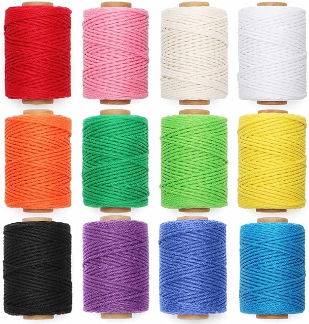 HULISEN Macrame Cord, 2mm Natural Cotton Twine, 12 Rolls 3 Strand Colored Macrame String, Soft Cotton Rope for Artworks, Crafts, Plant Hanger, Wrapping String