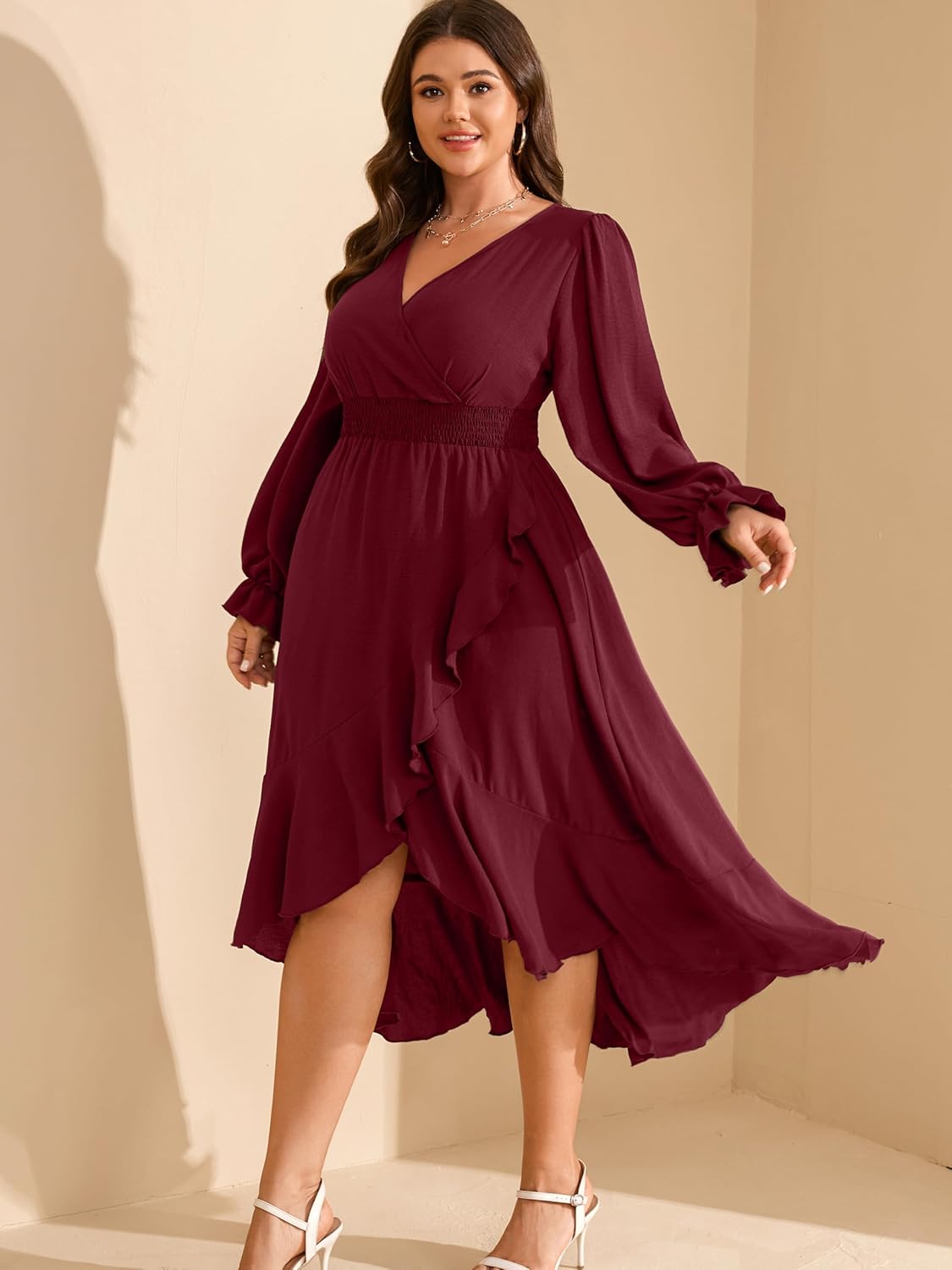 RWJ Women's Plus Size Wedding Guest Maxi Dress Wrap V Neck Long Sleeve High Low Ruffle Cocktail Fall Dresses - Image 4