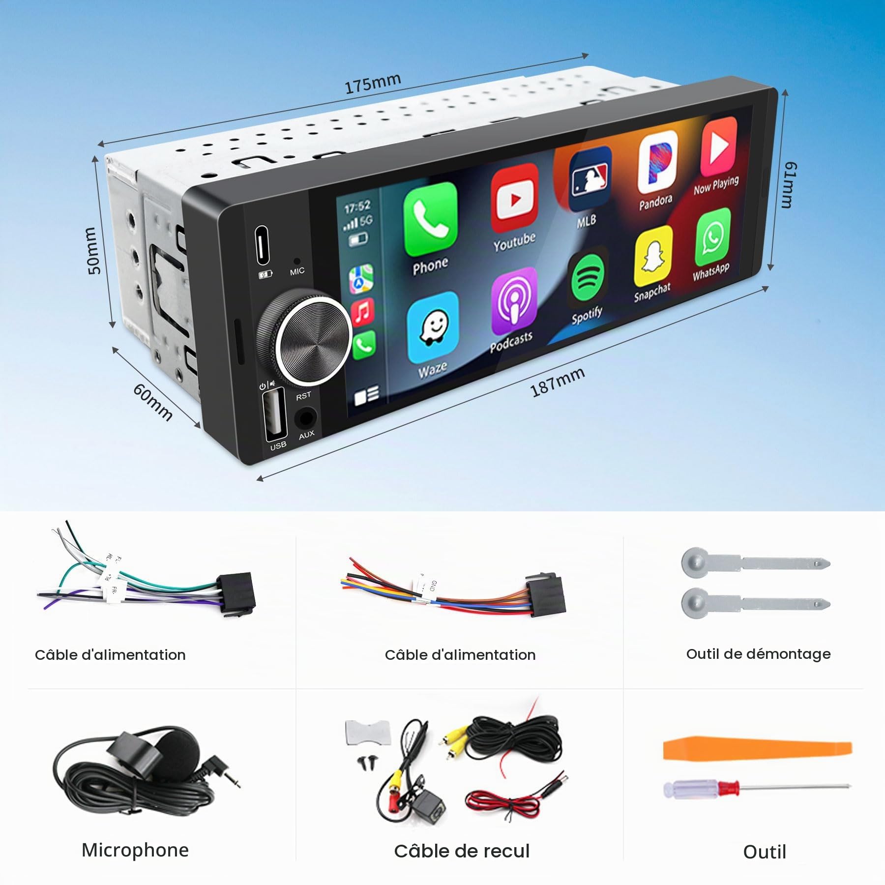 Autoradio 1 DIN avec Écran Tactile 6,28", CarPlay et Android Auto