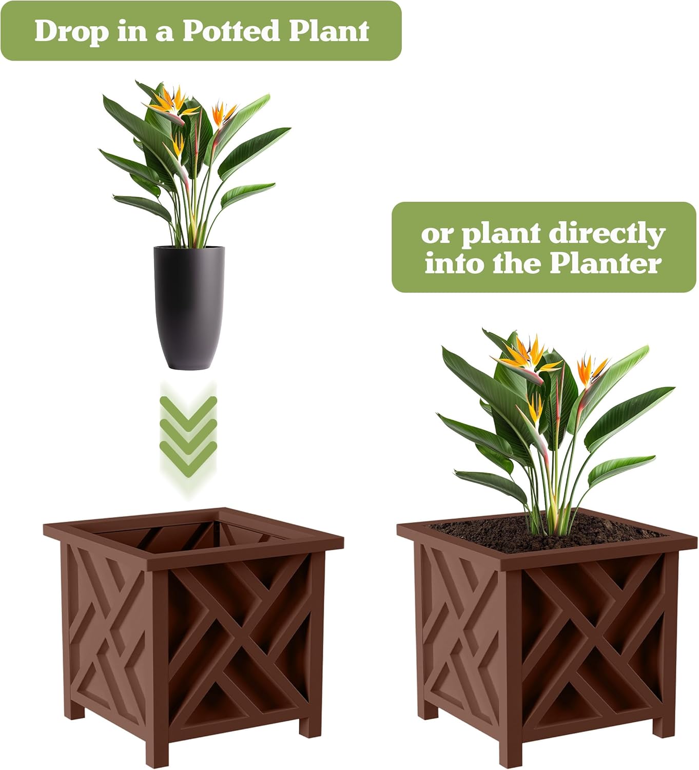 Lattice Design Outdoor Planter Box - 14.75” Square 13” Tall Brown Plant Pot - Decorative Plant Pots for Front Porch Decor - Flower Pots Outdoor Planters for Porch Patio or Garden Decor by Pure Garden