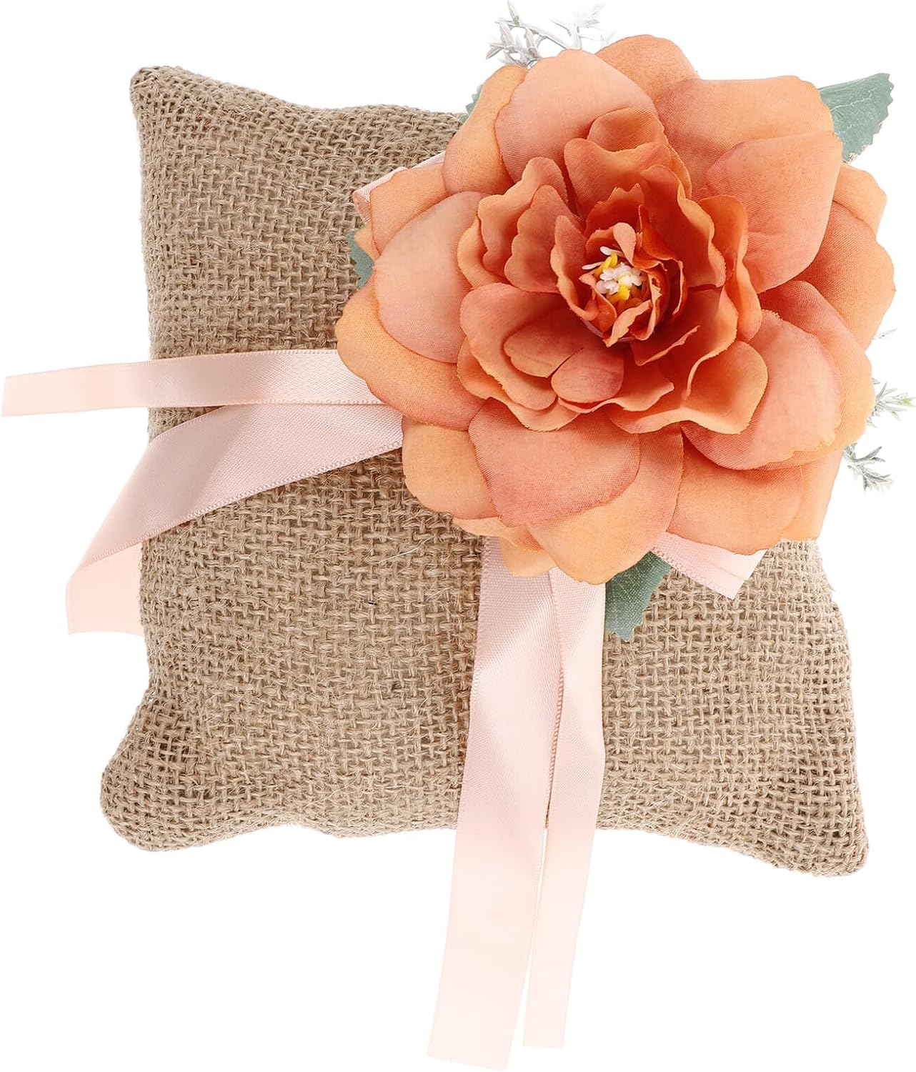 Uonlytech Rustic Linen Square Ring Bearer Pillow Set, Wedding Ring Cushion for Ceremony and Party Decoration, Orange Linen Fabric Decorative Pillow for Wedding Supplies