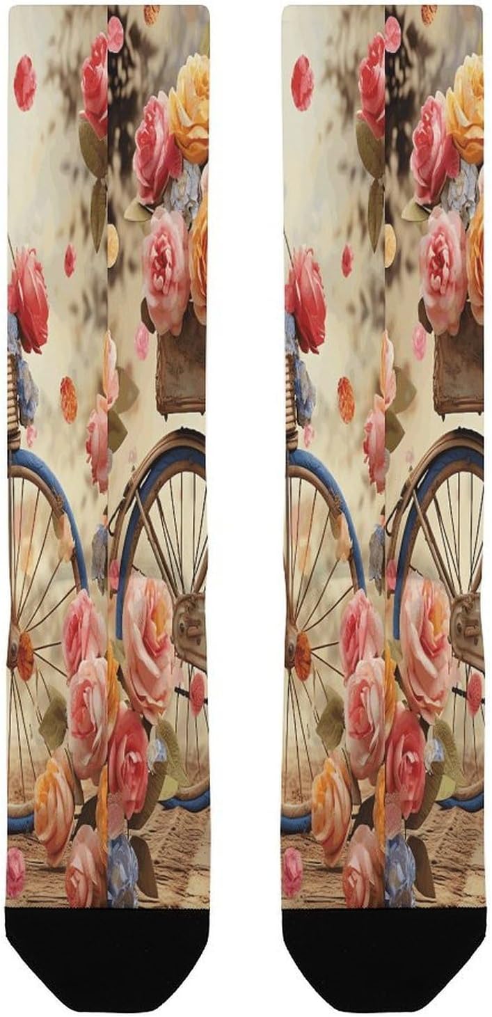 Flower Bicycle Compression Sock Circulation Support Socks Lightweight Knee High Tube Sock Over-The-Calf Sock for Adult