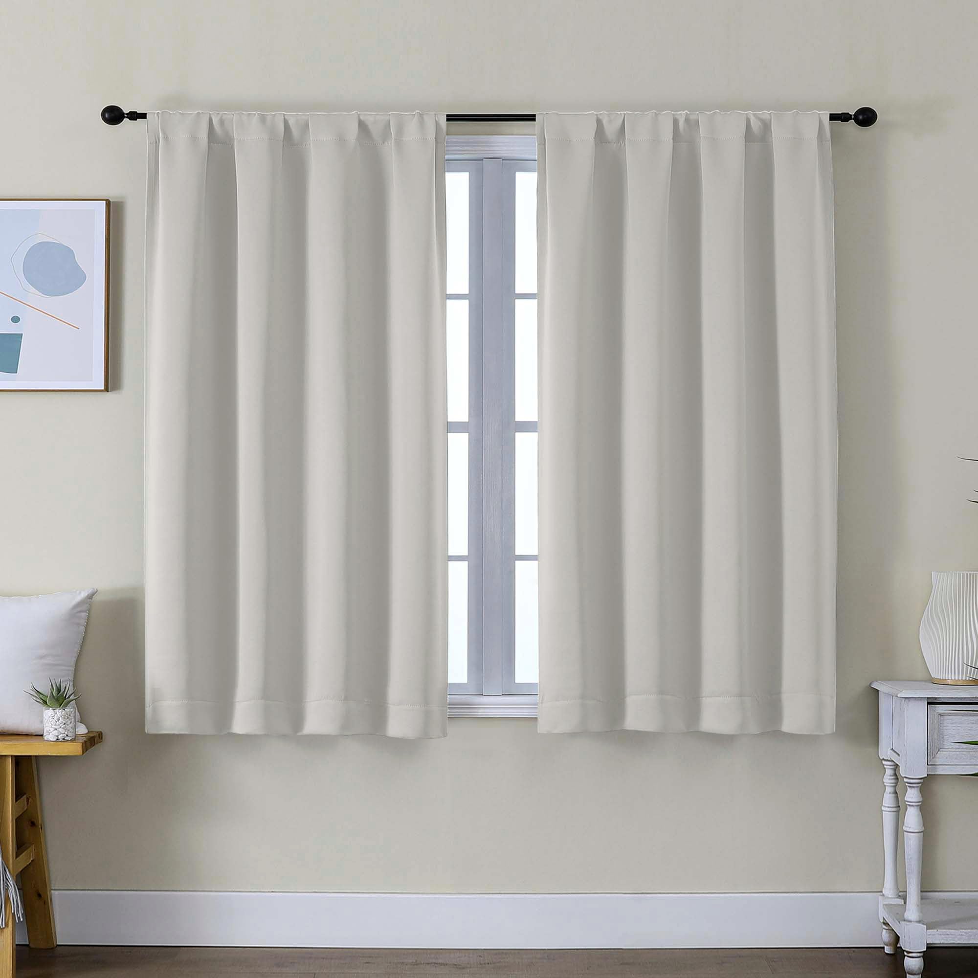 Simplebrand Ava Natural Short Blackout Curtains for Bedroom 45 Inches Long 2 Panels Set, Solid Thermal Insulated, Energy Saving Window Treatment