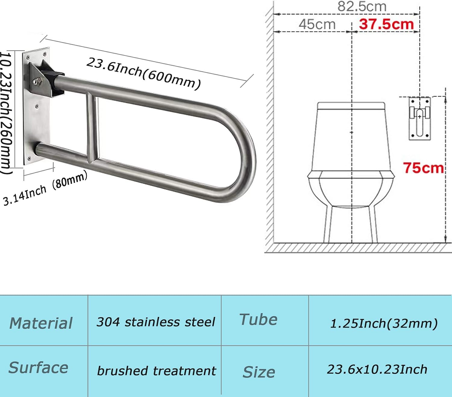 24 Inch Flip Up Toilet Grab Bar, Stainless Steel Bathroom Safety Rail image 2