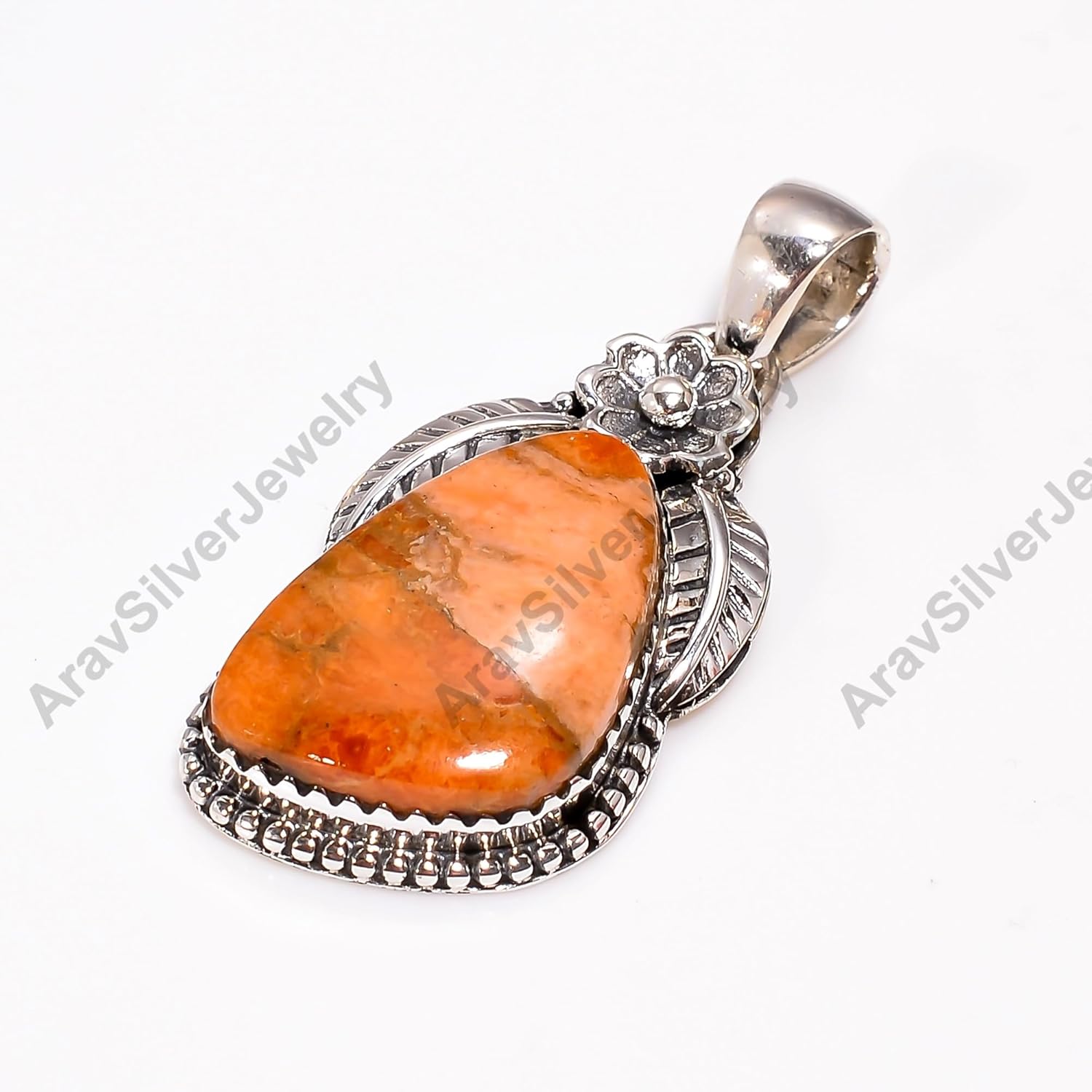 Sponge Coral Gemstone 925 Sterling Silver Orange Stone Handmade Statement Design Pendant Necklace for Women Gift for Her
