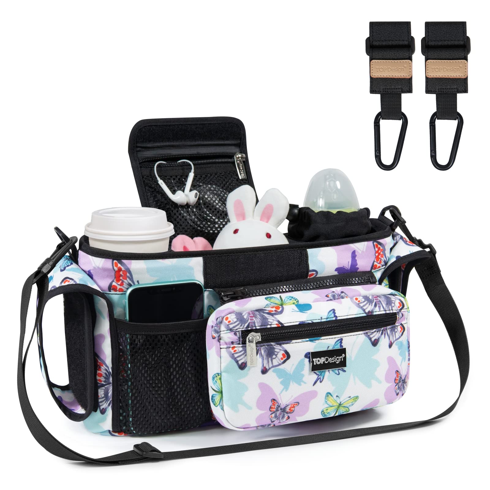 TOPDesign Universal Baby Stroller Organizer, Stroller Caddy with Heightened Insulated Cup Holders & Non-Slip Secure Hooks Accessories, Fits Most Strollers, Machine Washable (Butterfly)