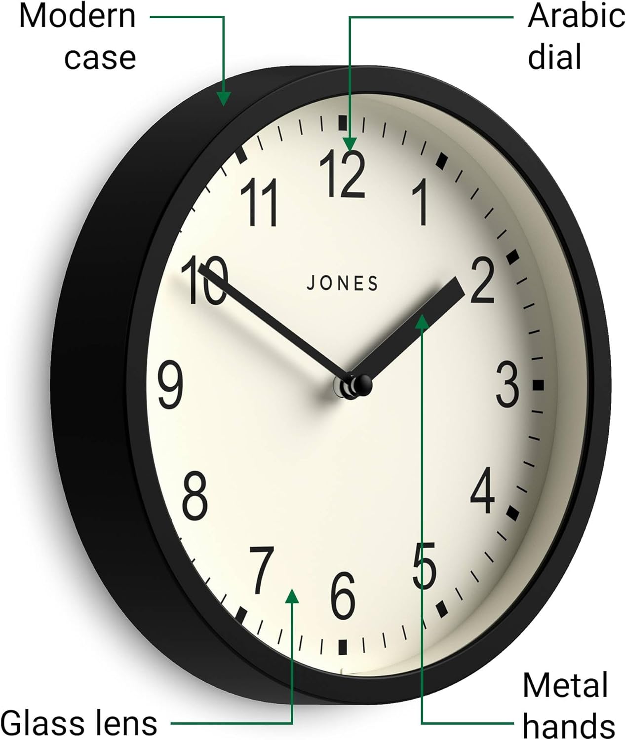 JONES CLOCKS® Spin wall Clock | Small Modern Round Clock | 8 inch | Black | Easy to Read Numbers | Ideal for Kitchen, Office, Children’s Room or Any Small Space