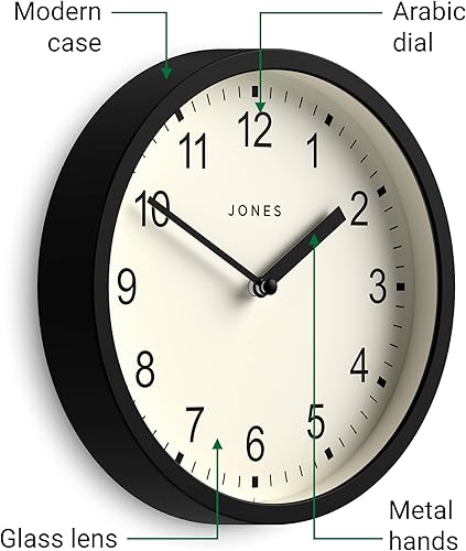 Miniatura 6 de JONES CLOCKS® Reloj de pared giratorio Reloj redondo pequeño y moderno 8 pulgadas Negro Números fáciles de leer Ideal para cocina