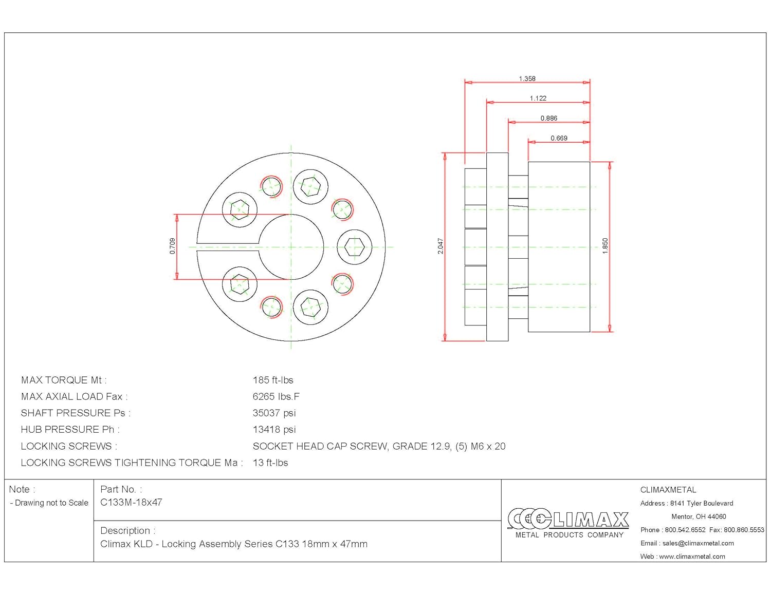 C133M-18X47 Series 133 Locking Assembly, Steel, 0.71" ID, 0.67" Width, 18 mm Shaft Diameter