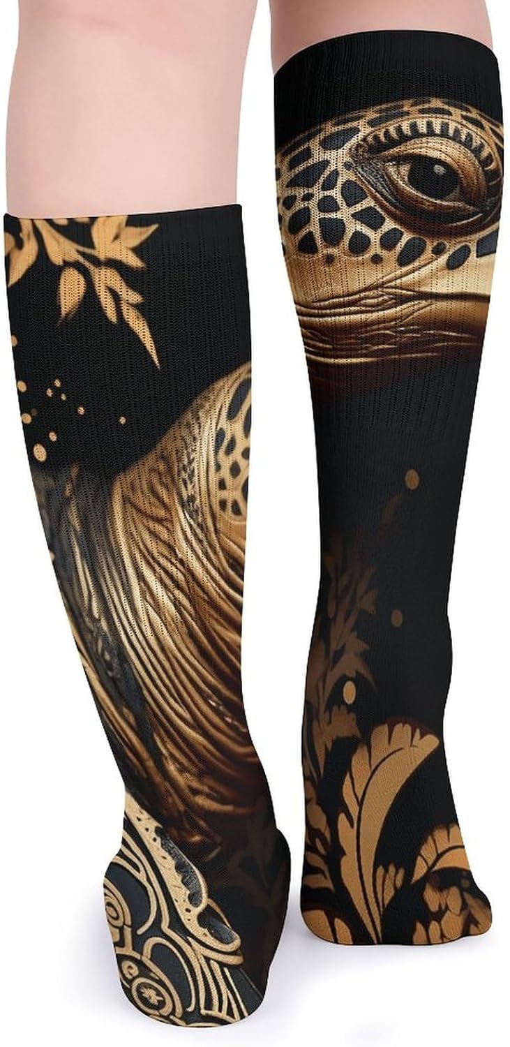 Breathable Crew Sock, Moisture Wicking, Athletic Calf Socks, Cozy | Black And Gold Sea Turtle Pattern Compression Socks for Women Men, Lightweight High Work Socks for Business, Casual