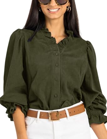 Womens Corduroy Shirts Button Down Long Sleeve Blouses Ruffled Casual V-Neck Top