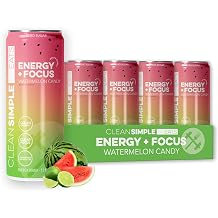 Clean Simple Eats Energy + Focus Drink, Watermelon Candy, 12 Pack | 100mg Organic Caffeine | L-Theanine &amp; B Vitamins | Prebiotic Fiber | Zero Sugar | Naturally Sweetened | 12 oz Cans