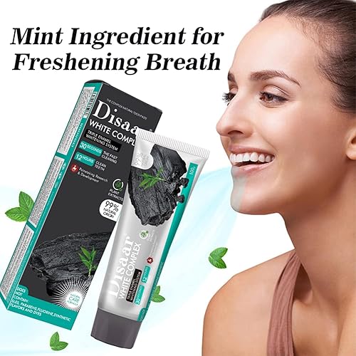 Miniatura 6 de DISAAR BEAUTY Pasta de dientes compleja blanqueadora en polvo de carbón Plátano Flor Triple Esmalte Sistema de Limpieza Dental Rápida 100g/3.53oz