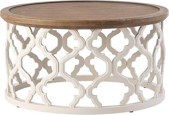 Farmhouse Coffee Table, Distressed Tray Top with Curved Drum Frame Base for Boho, Rustic,French Country Decor, Round, White