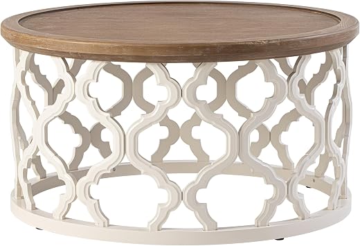 Farmhouse Coffee Table, Distressed Tray Top with Curved Drum Frame Base for Boho, Rustic,French Country Decor, Round, White