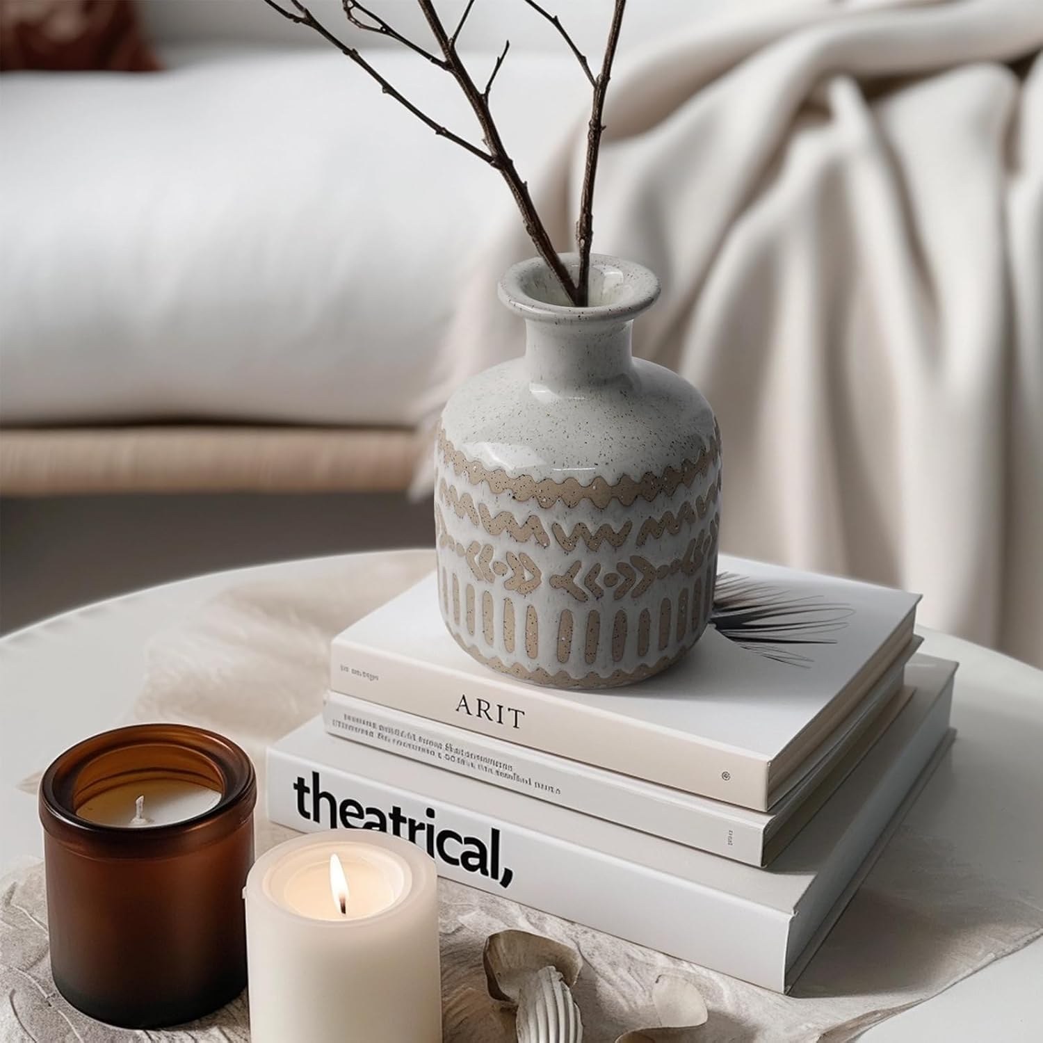 Boho Ceramic Vase, 6.5 Inch Rustic Farmhouse Pastoral Decor, Vintage Clay Vases for Bouquets, Pampas Grass and Fake Plants, Suitable for Home Decor, Shelf, Dining Table, Living Room, Mantle, Bathroom - Image 3