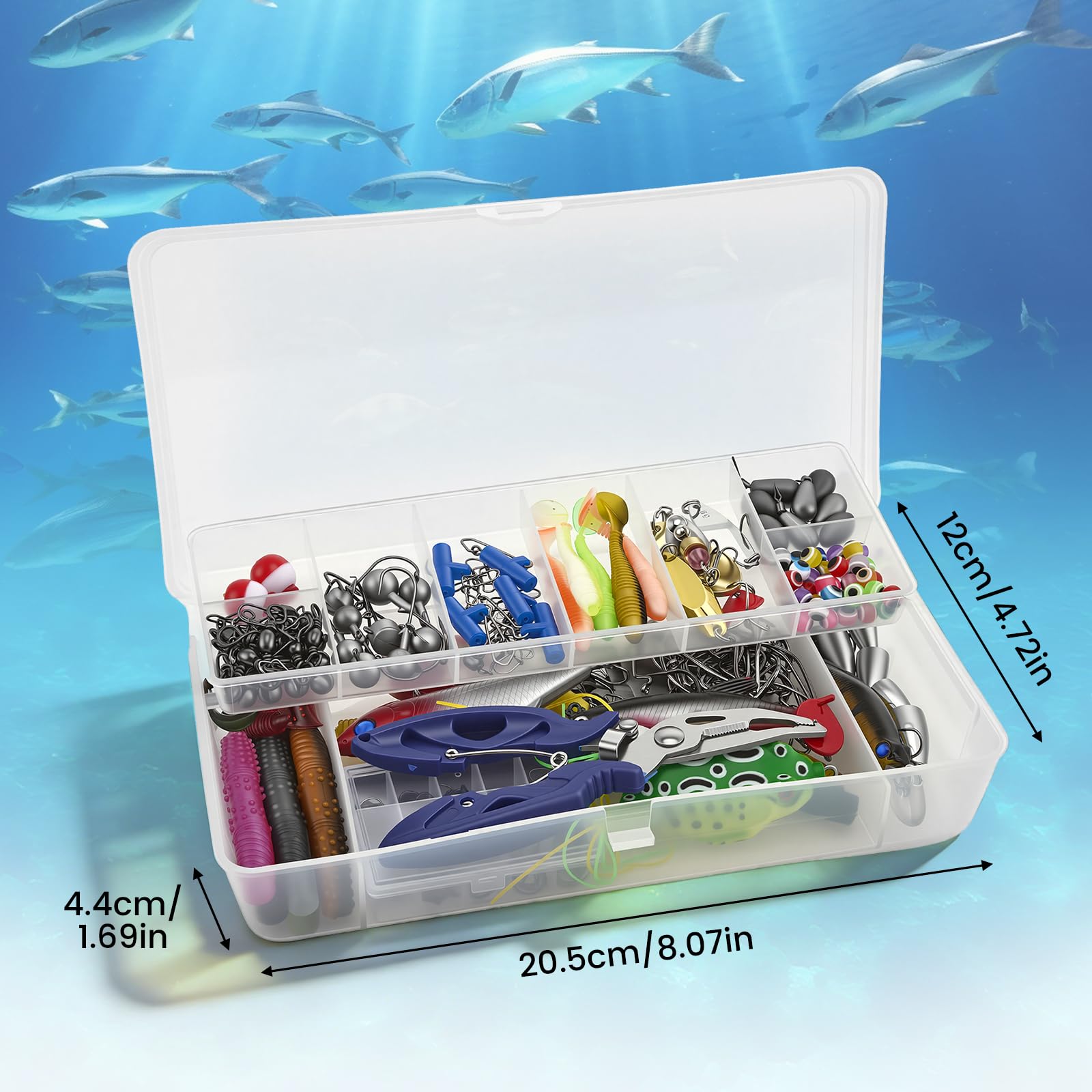 Juego de accesorios de pesca de 332 piezas, maletín con 2 estantes, con cebos, pesos de plomo, ganchos, pinzas para pesca, equipo de pesca en agua dulce y salada, regalo para pescador — view 7
